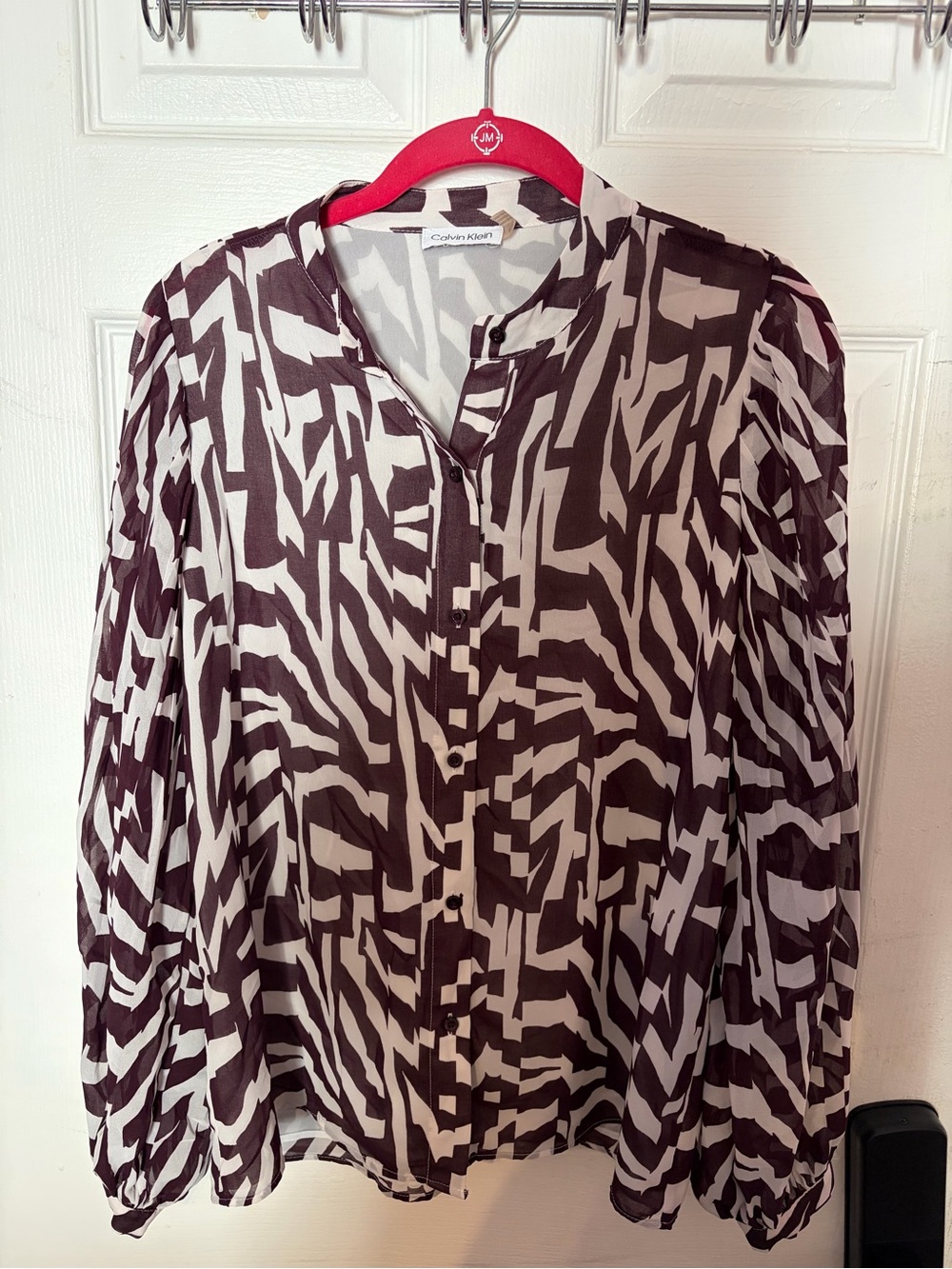 Calvin Klein Maroon and White Abstract Print Button-Down Blouse